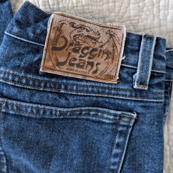 Vintage 1990s Fast Company Draggin Jeans Motorcyle Riding Denim Patchwork Size 6 - Picture 6 of 13